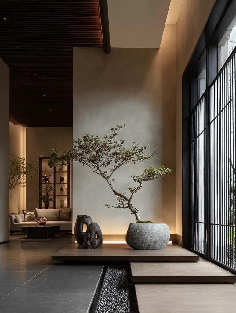 Serene minimalist interior space with a bonsai tree